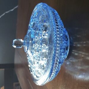 Vintage Indiana Blue Glass Covered Candy Dish Windsor Button & Cane Patt…